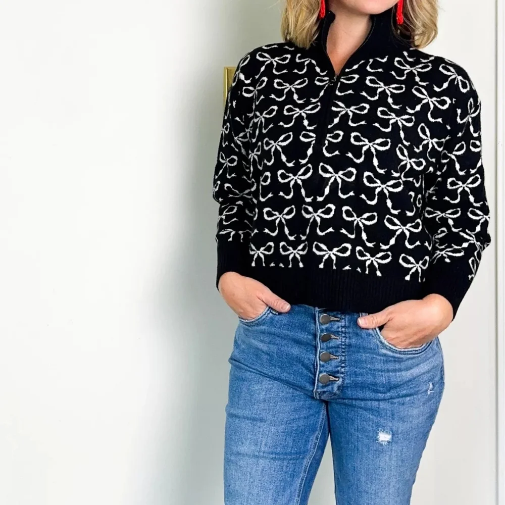 Maeve Anthropologie The Montana Mock-Neck‎ Half-Zip Sweater Black Bow Print Sz M